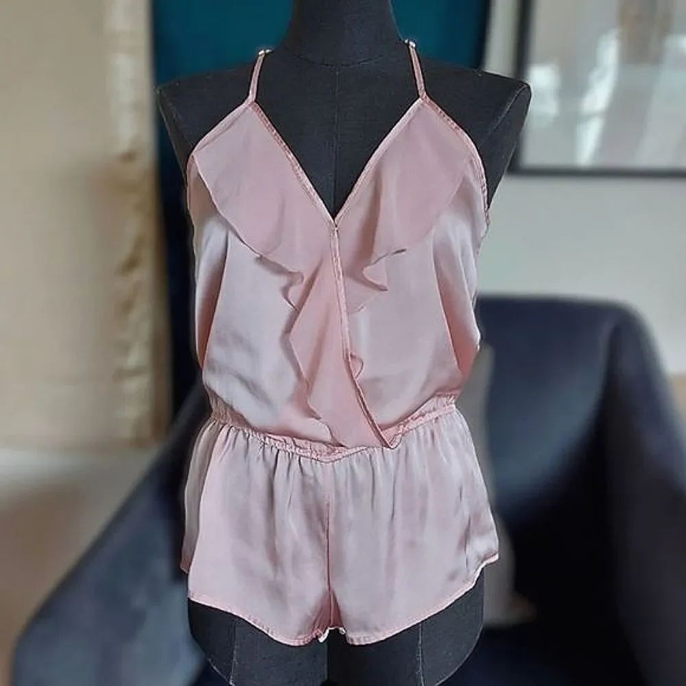 Vtg baby pink faux wrap ruffle trim romper